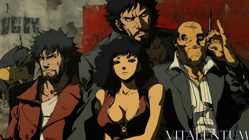 Group portrait shows four stylized characters in anime format