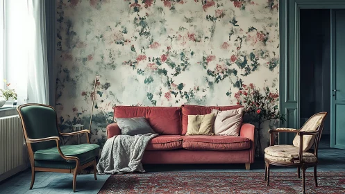 Cozy vintage sitting room with a rosy sofa and soft florals.