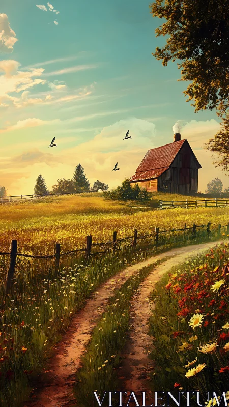 Sunlit country lane winding toward a quiet hilltop barn.