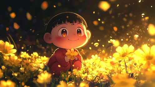 Anime child in luminous flower field with golden bokeh light.