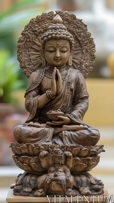 Seated Buddha statue on lotus pedestal with ornate halo.