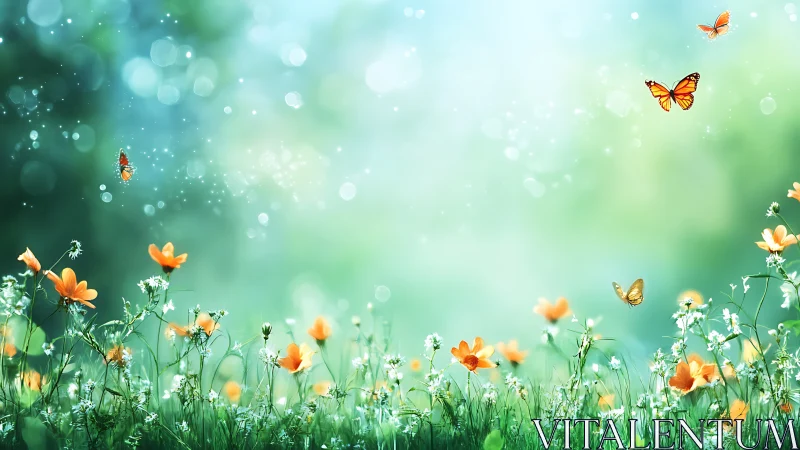 Spring meadow with dancing butterflies and blooming flowers.