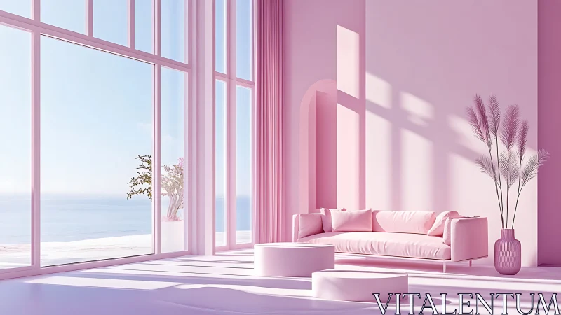 Monochrome pink coastal living room with panoramic glazing.