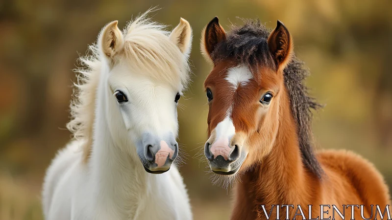 Photorealistic portrait of two foals in shallow-depth field.