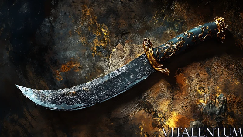 Gilded curved dagger resting in a storm of molten color.