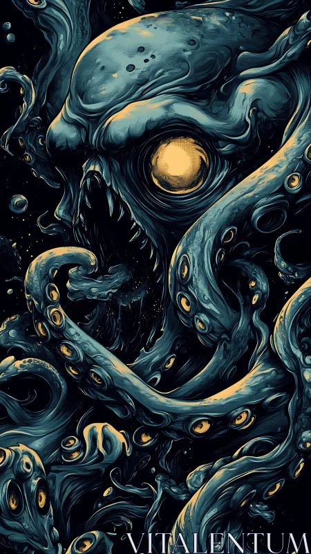 Tentacled cephalopod entity dominates dark vertical frame