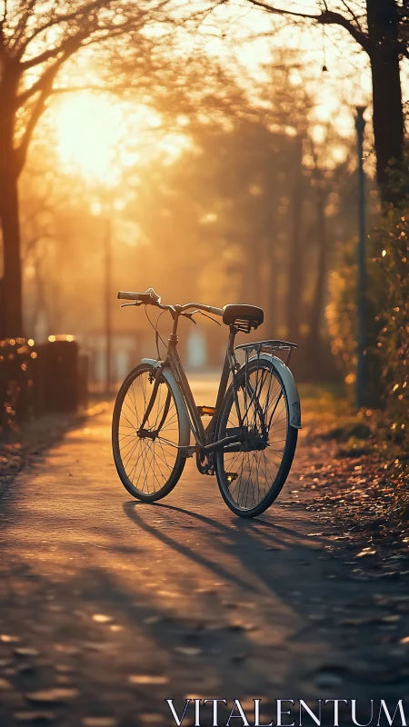 Bicycle Basked in Golden Hour Park Pathway Illumination
