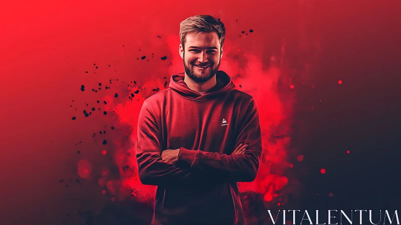 Smiling man in red hoodie amid bold splatter backdrop.