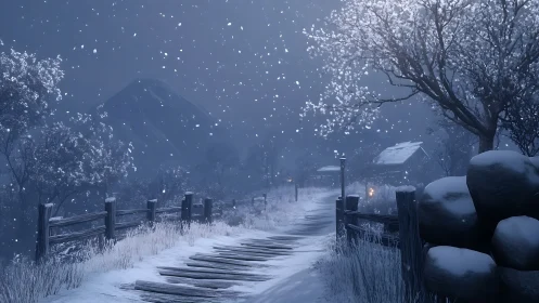 Snowy village path curves through blue twilight silence.