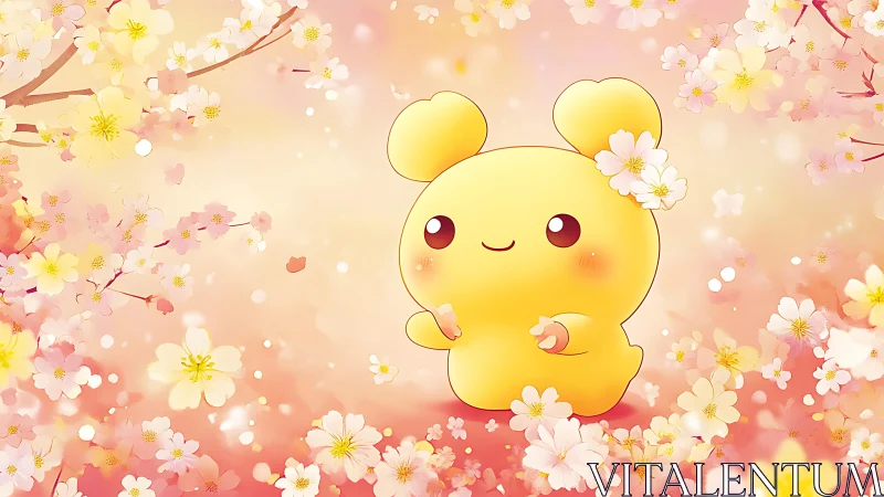 Blossom-bright chibi critter dancing in pastel sakura haze.
