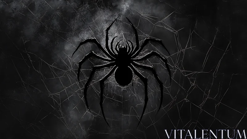 Silhouetted spider emblem on cracked monochrome cobweb field.