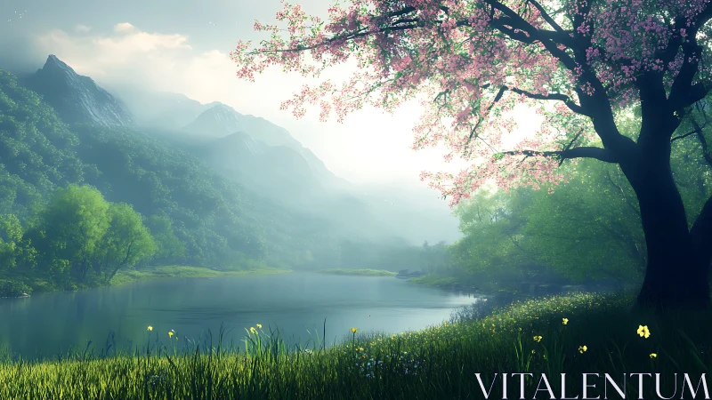 Serene misty lake beneath blooming cherry tree at sunrise.
