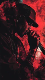 Monochrome red vocal silhouette with textured smoke diffusion.