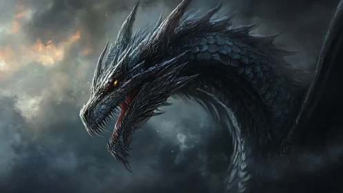 Armored dragon head rendered with high-detail scales in storm clouds