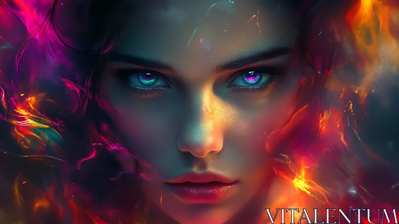 Bioluminescent gaze framed by chromatic fire and digital ether