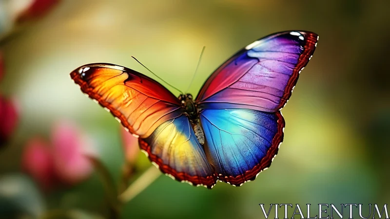Colorful butterfly spreads iridescent wings over soft bokeh