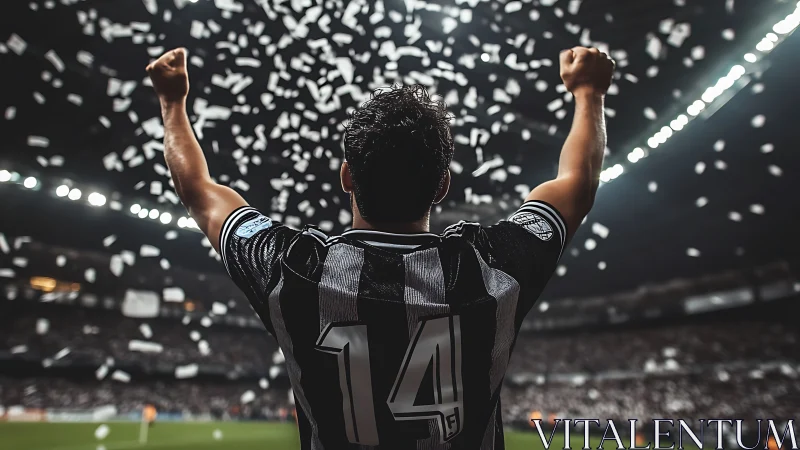 Soccer fan celebrates triumph beneath a storm of confetti