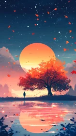Solitary figure beside autumn tree at vivid sunset.