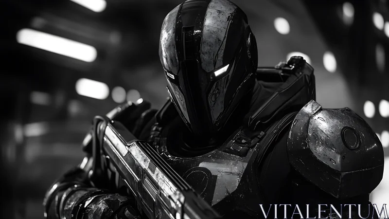 Monochrome tactical exosuit soldier in cinematic close-up frame.