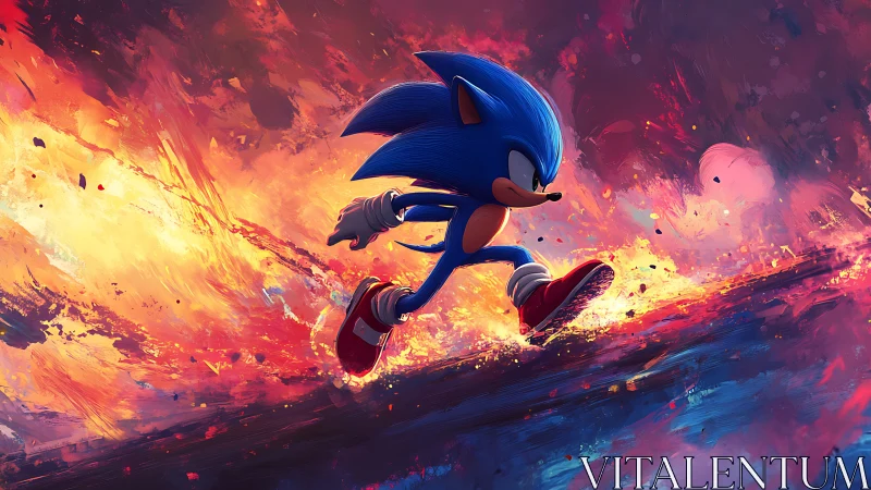 Blue speedster races across a blazing, colorful horizon