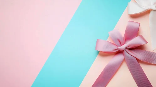 Pink Ribbon Bow on Pastel Background Flat Lay.
