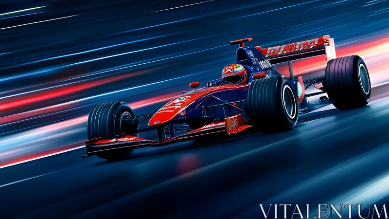Single-seater race car on illuminated high-speed track.