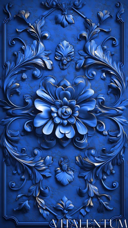 Ornate cobalt blossom relief swirling in baroque midnight blue.