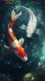 Koi twins carve luminous spirals through glassy teal water