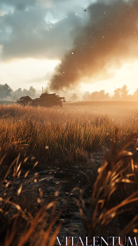 Armored vehicle in volumetric dusk field with smoke plume.