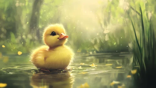 Backlit duckling renders soft volumetric light over reflective pond