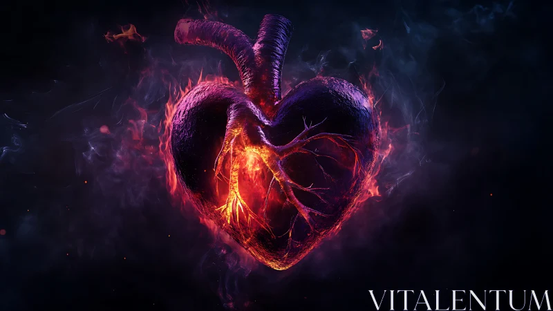 Flaming anatomical heart pulses with molten inner light.