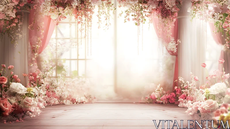 Soft pink floral archway opens into a dreamy sunlit garden
