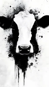 Monochrome cow portrait merges ink splatter and precision linework.