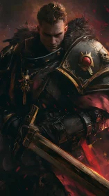 Armored paladin lowers gaze while sword catches embers