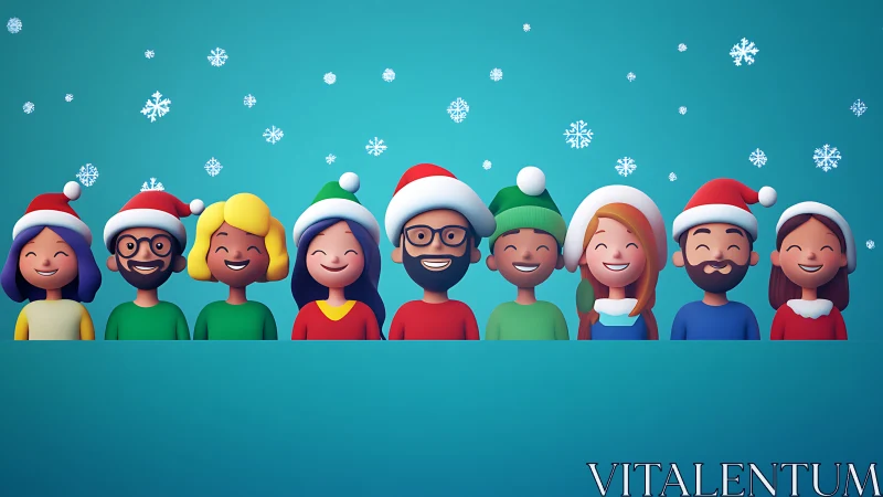 Smiling cartoon friends wear Santa hats under falling snowflakes