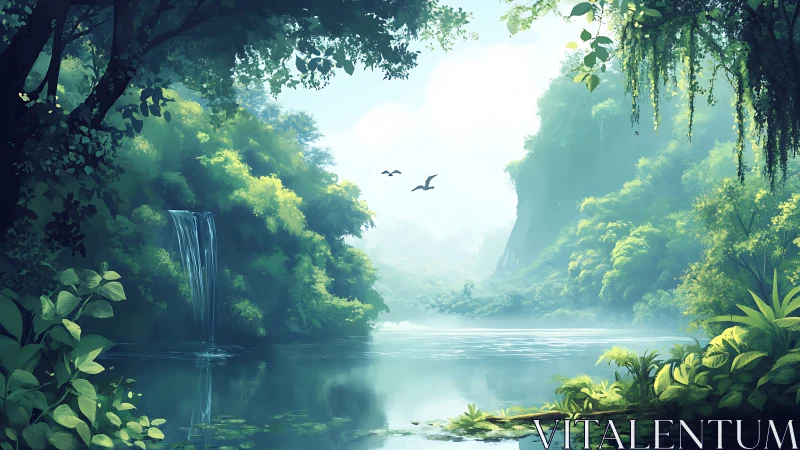 Forested river valley with waterfall and misty atmosphere