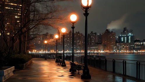 Photorealistic riverside promenade with illuminated lamp row.