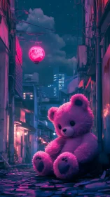 Neon moonlit alley cradles giant pink teddy in quiet wonder.