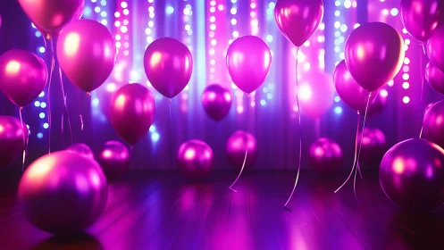 Neon Spherical Installation: Luminous Metallic Balloons Against LED Backdrop.