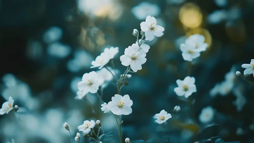 White flowers bloom in soft focus garden setting.