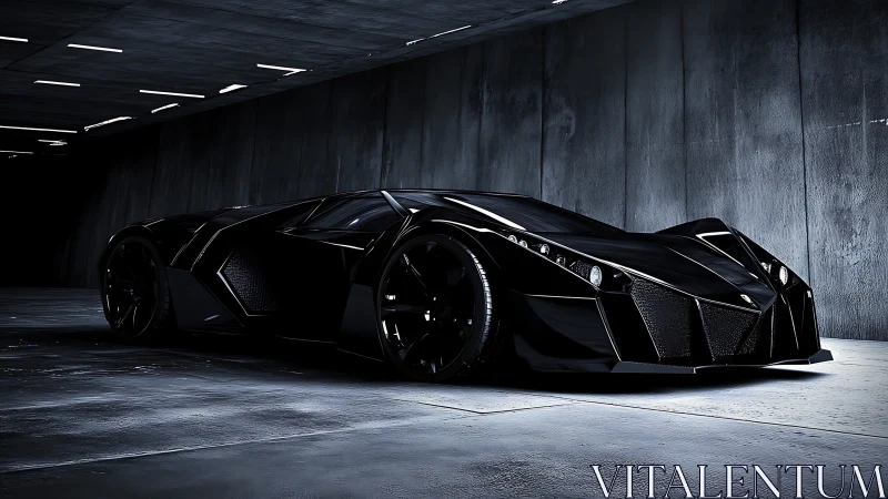 Stealth black supercar in moody concrete tunnel setting.