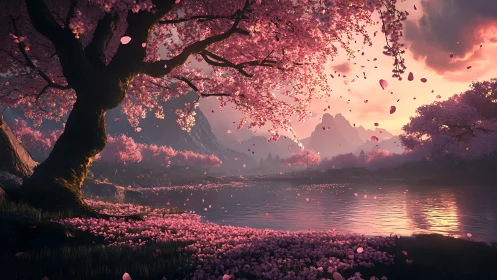 Cherry tree by reflective river under pink sunset sky.