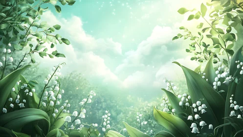 Lily of the valley meadow rendered in luminous digital light