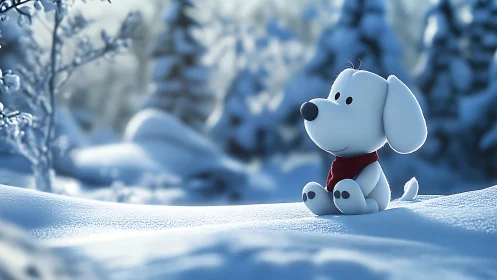 Cartoon puppy in snowy forest rendered as soft 3D scene