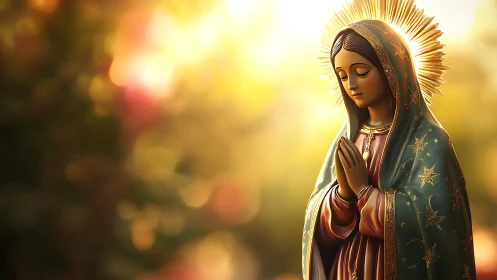 Devotional statue with radial halo in luminous bokeh field.