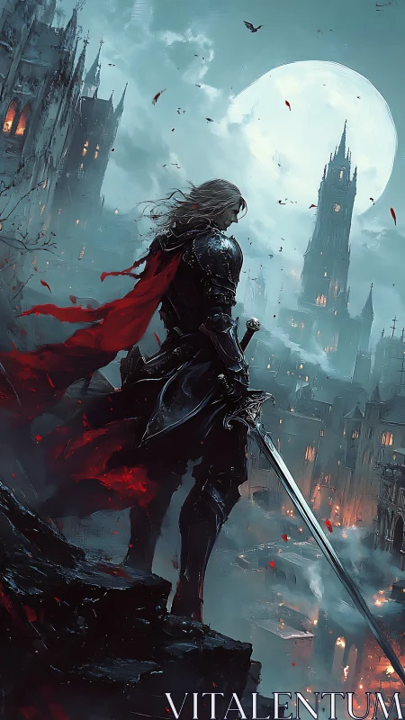 Vampiric greatsword knight over burning neo‑gothic citadel