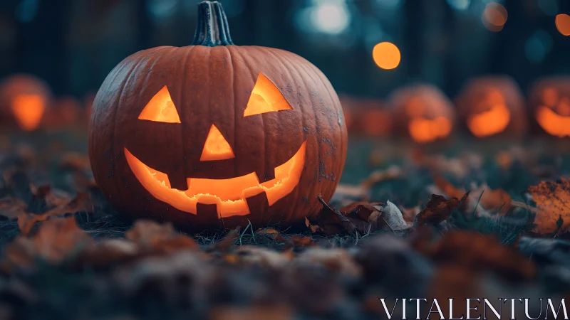 Candlelit jack o’lantern on autumn leaves in shallow focus.