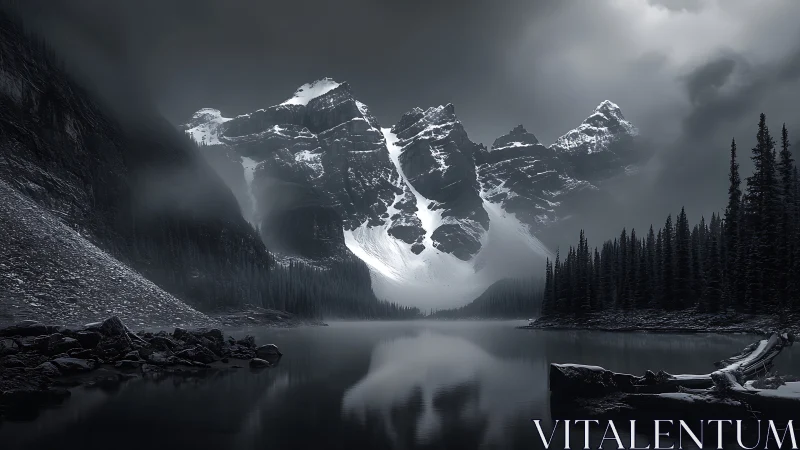 Monochrome alpine lake with snowbound peaks in winter storm