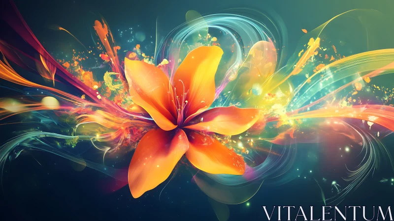 Radiant orange flower explodes into swirling neon light trails.