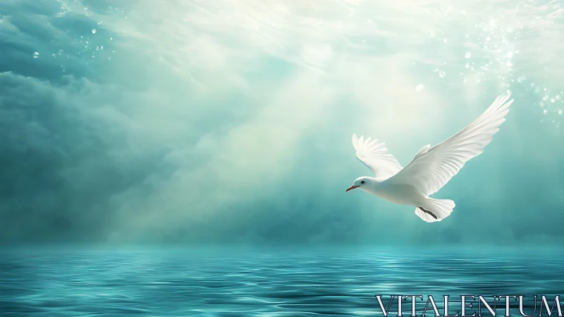 Soaring white bird over tranquil, teal-lit ocean expanse.